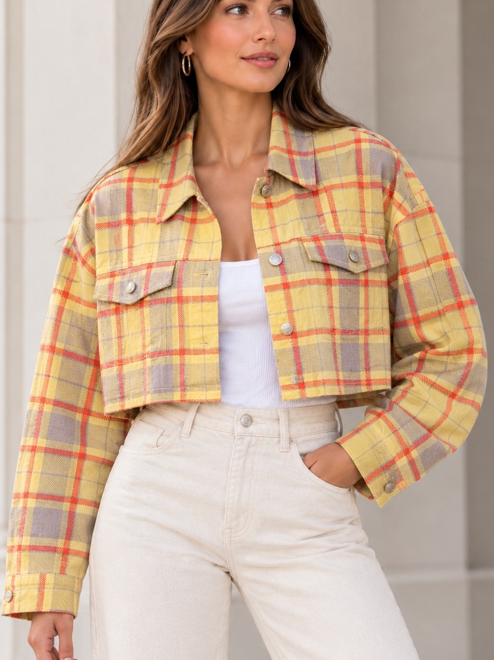 WEWOREWHAT Cropped Yellow Plaid Jacket - Women’s Lightweight Shacket